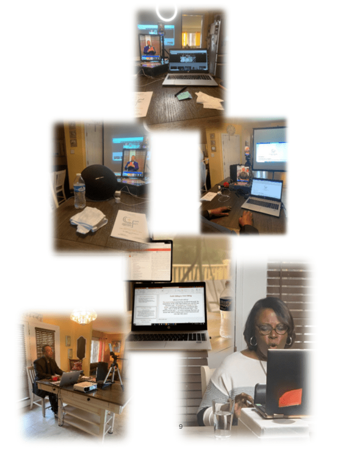 Remote video meeting collage with laptops and participants