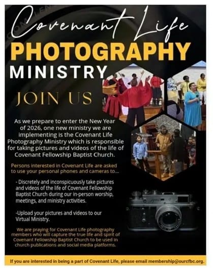 Church photography ministry recruitment flyer with camera