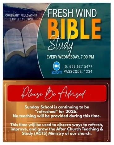 Fresh Wind Bible Study church Zoom flyer