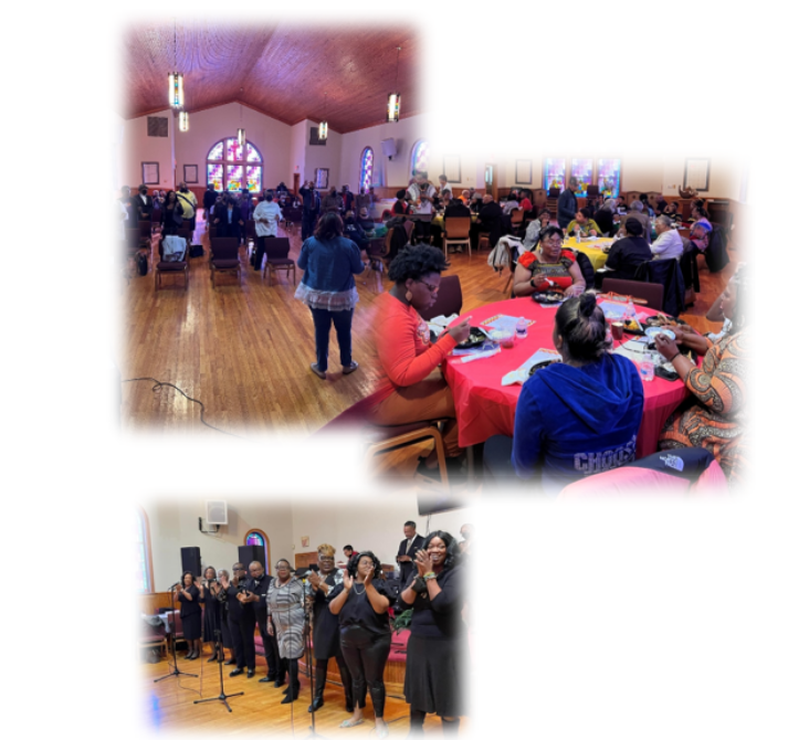 Church congregation dining and choir singing