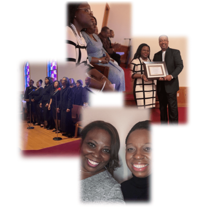 Collage of church choir, award, and smiling women