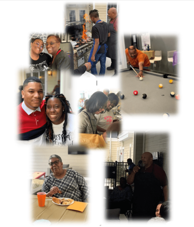 Collage of people socializing outdoors and indoors