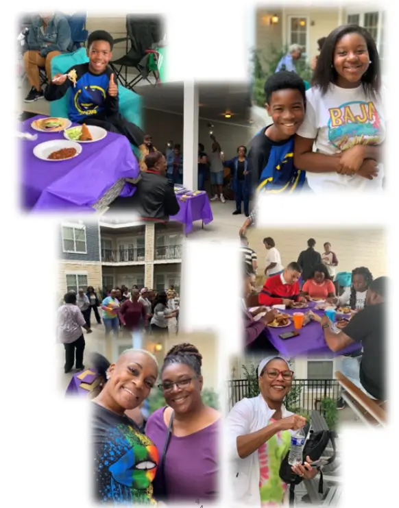 People smiling and eating at community gathering